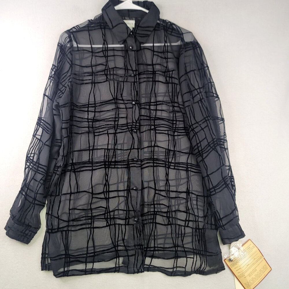 Vintage Koret Sheer Button Down Blouse Sz 8 Black Grid Festival Dark Fairy Indie